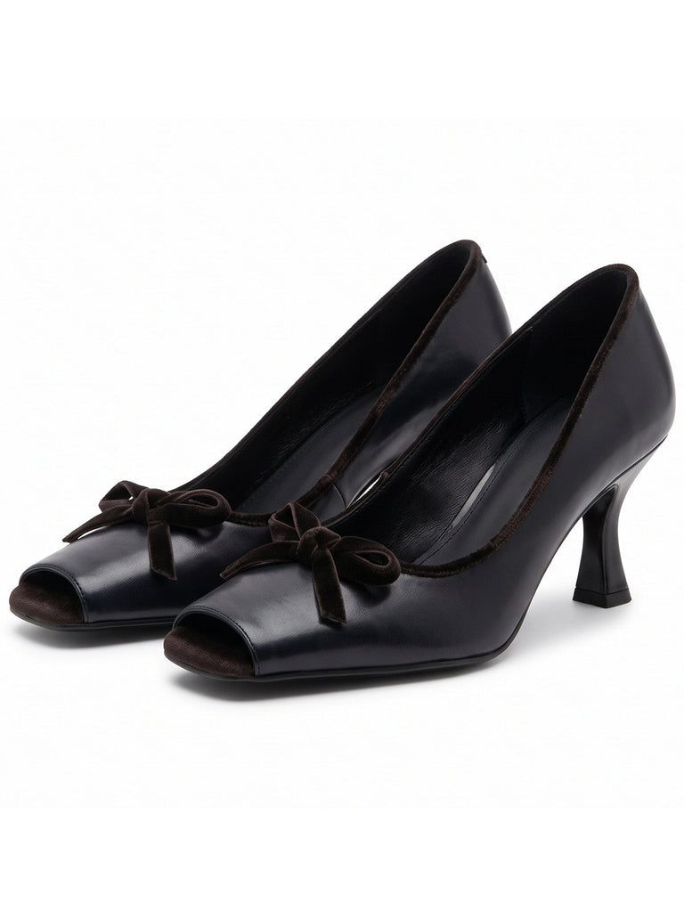 Escarpins vintage verts en velours à bout carré, talons moyens et nœud - 3