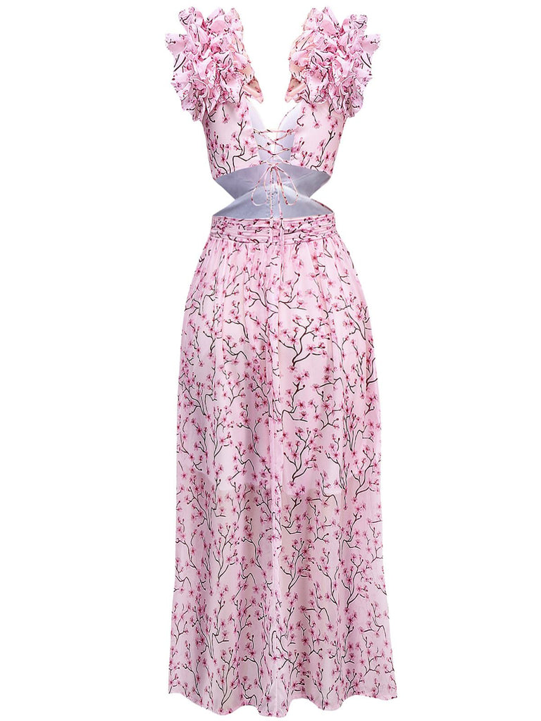 Robe fleurie rose découpée à volants col en V profond des années 1970