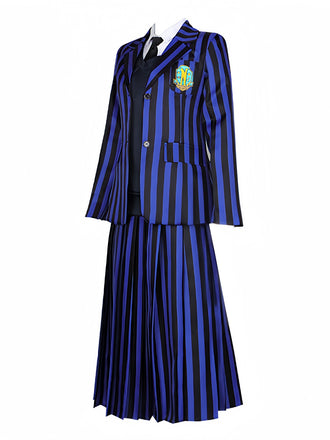 Ensemble d'uniforme bleu rayé de Wednesday Addams des années 1940