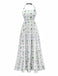 Robe licou verte à imprimé palmiers et carreaux des années 1970