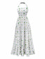 Robe licou verte à imprimé palmiers et carreaux des années 1970