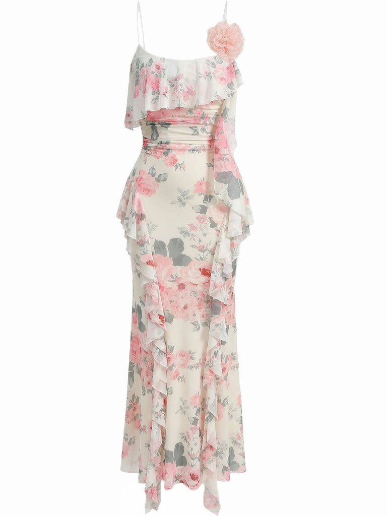Front studio view of the floral maxi dress highlighting the elegant ruffled overlay and slim-fit silhouette.
