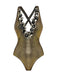 Studio front view of the metallic gold one-piece highlighting the intricate floral trim along the plunging neckline.