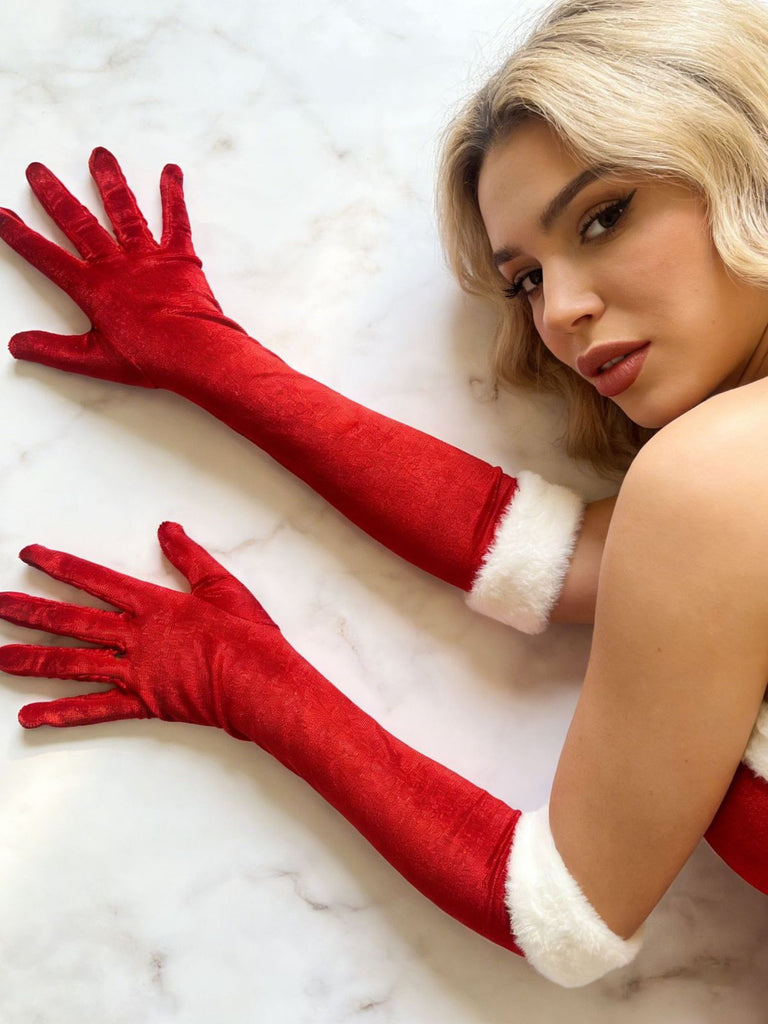 Gants longs rouges en velours à bordure de plumes au-dessus du coude - 6