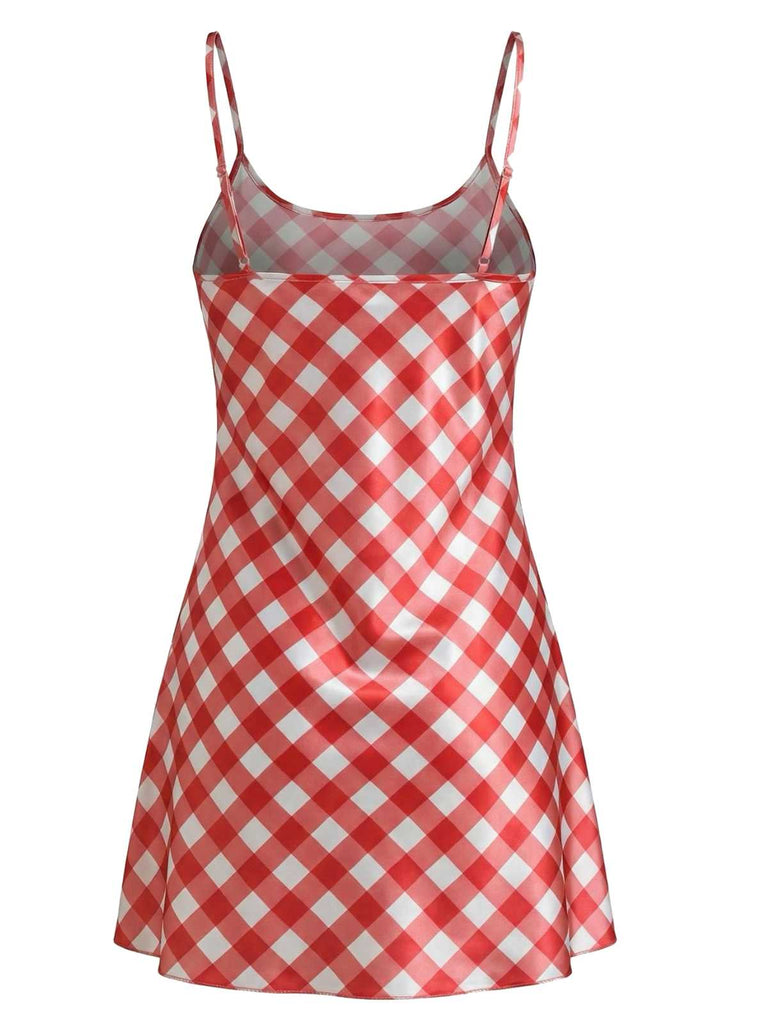 Rear view of the red and white gingham slip dress showcasing the simple straight-back design and thin straps.