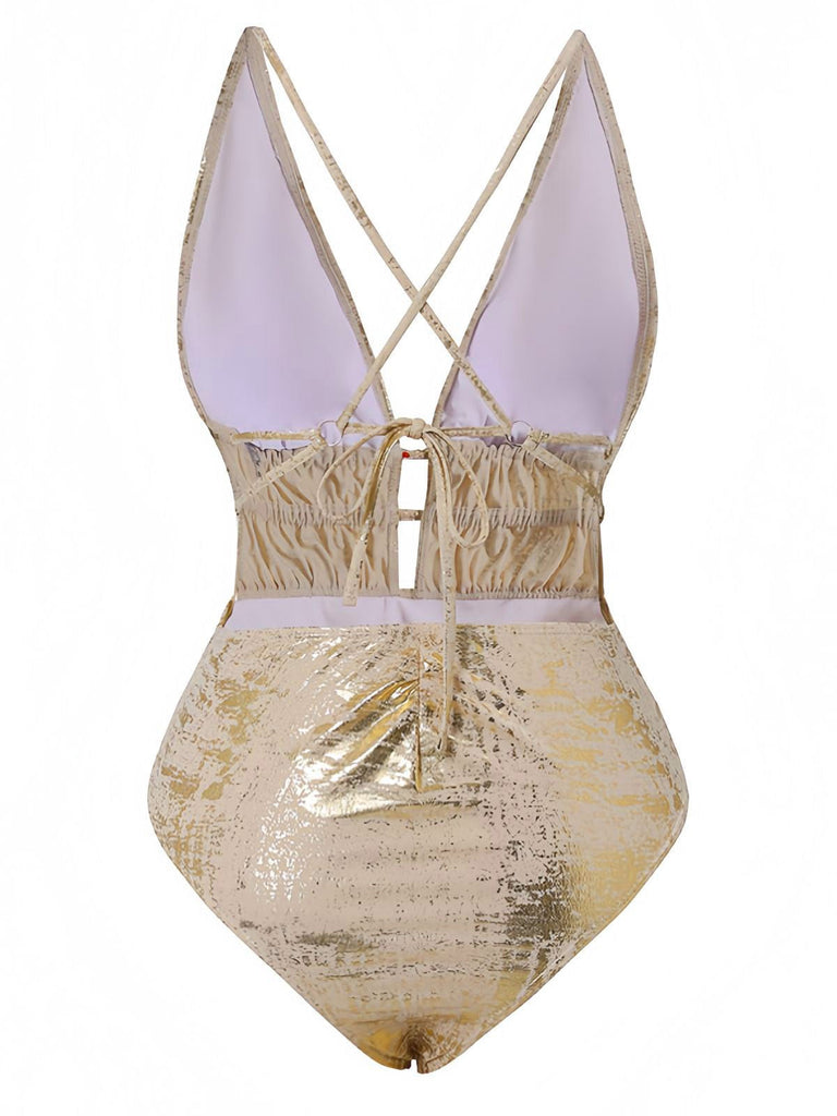 Gold sequin swimsuit with white straps on a white background