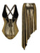 Rear view of the gold swimsuit showcasing the criss-cross back straps and the side-draped sarong.