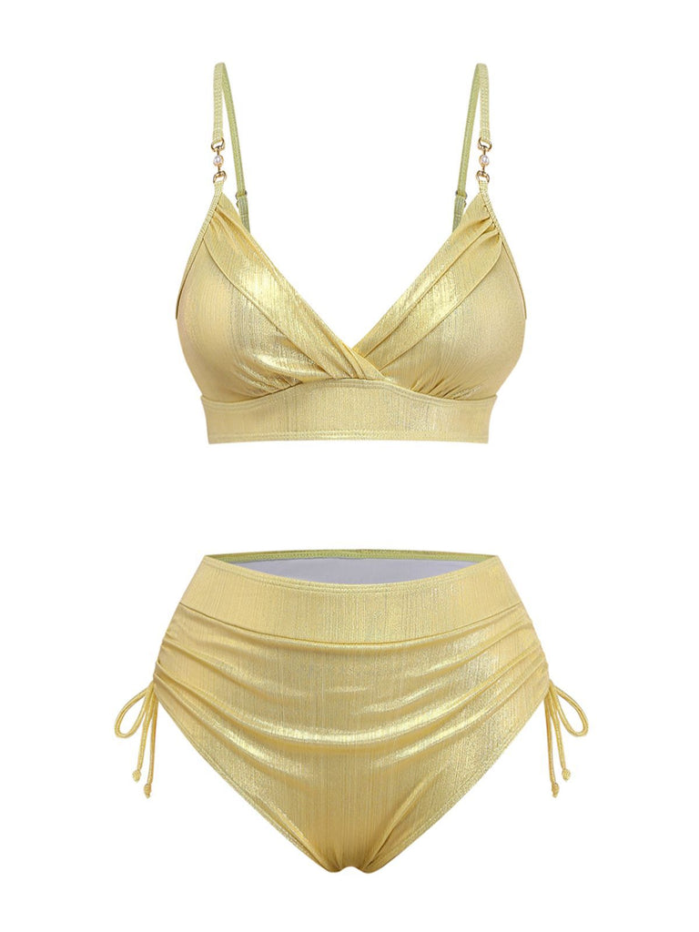 Front view of the gold shimmer bikini set with adjustable triangle top and ruched high-waisted bottoms.