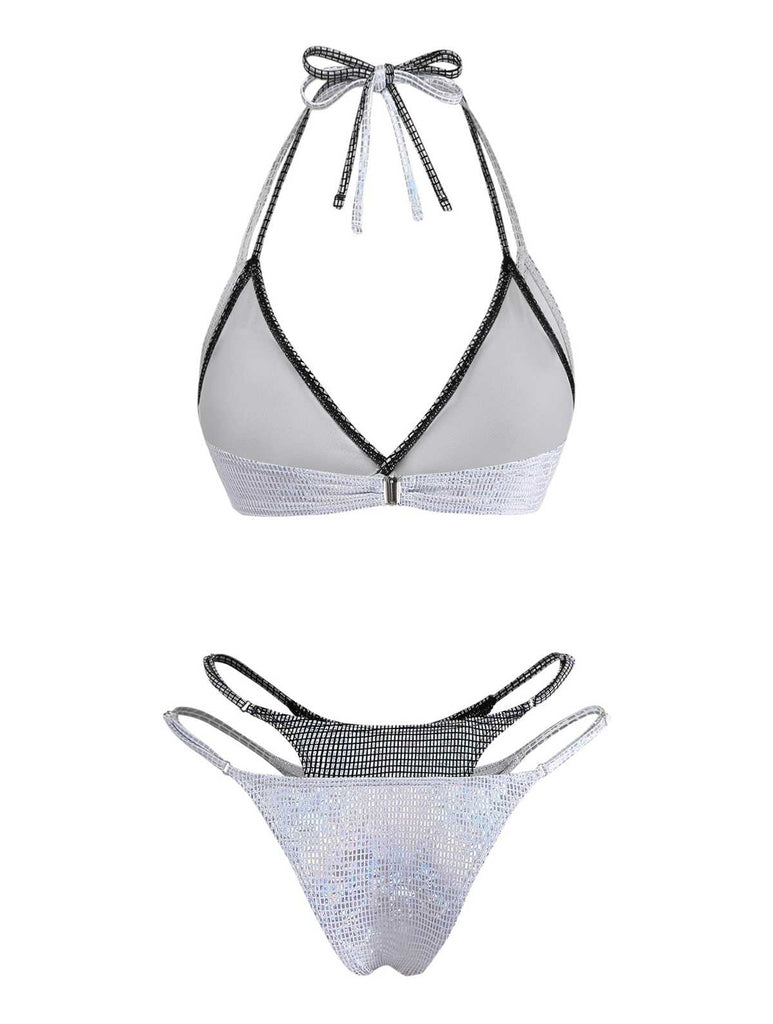 Argent Halter Chatoyant Faux Deux-Pièces Ensemble Bikini Années 1980 2