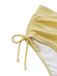 Close-up of the adjustable side-tie and ruched detailing on the gold high-waisted bikini bottoms.