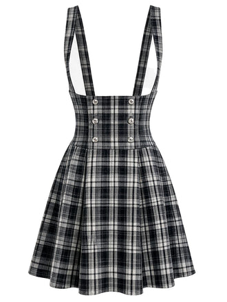[Prévente] Jupe à bretelles à carreaux écossais noirs et blancs Années 1950 - 1