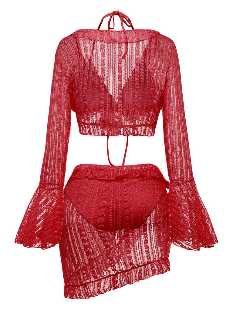 The 3-piece lace swim set in a bold red color, featuring a flared sleeve cardigan.