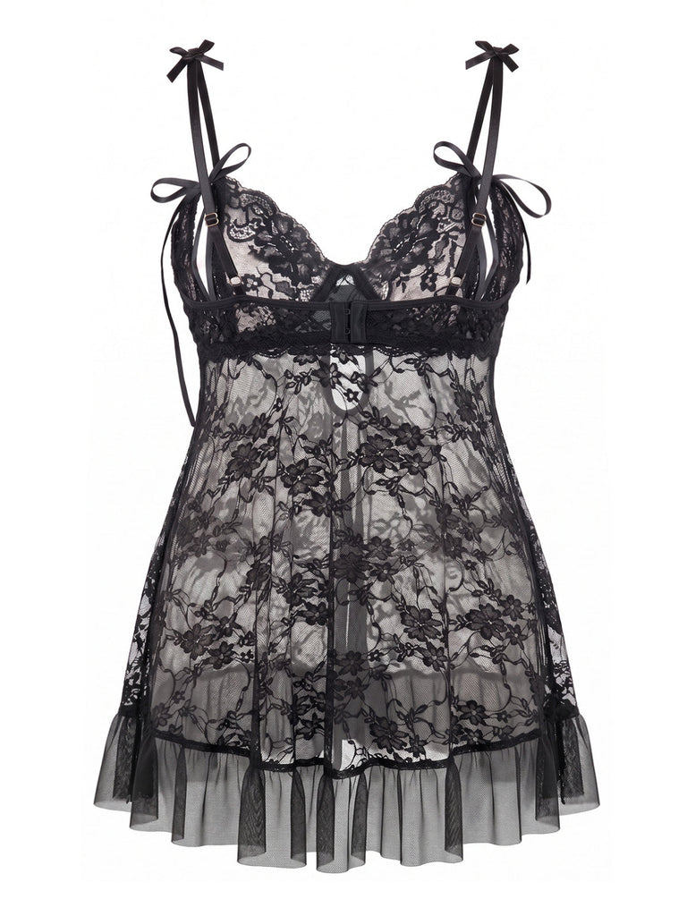 [Grande Taille] Lingerie Babydoll Noire à Dentelle et Bretelles à Nœuds Années 1950 - 3