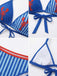 A multi-panel detail shot showing the lobster print, the striped fabric texture, the red waist trim, and the interior lining of the bikini top.