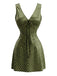 Mini Robe Chartreuse en Satin à Pois et Col V Années 1970 - 1