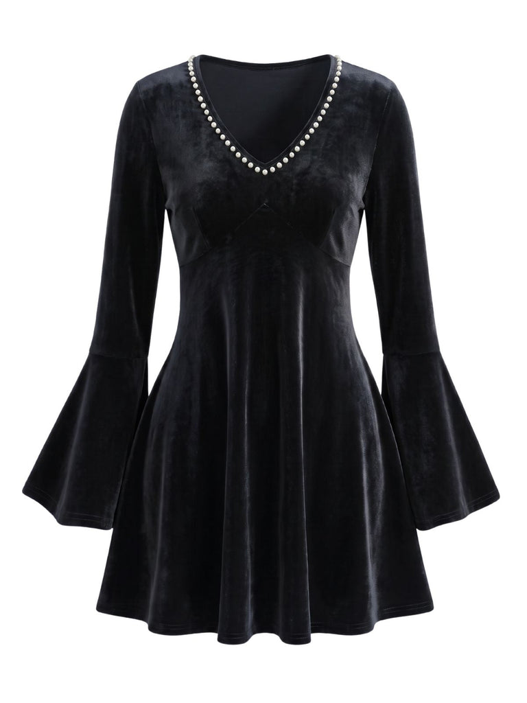 Mini Robe en Velours à Col V Perlé et Manches Évasées Années 1930 - 5
