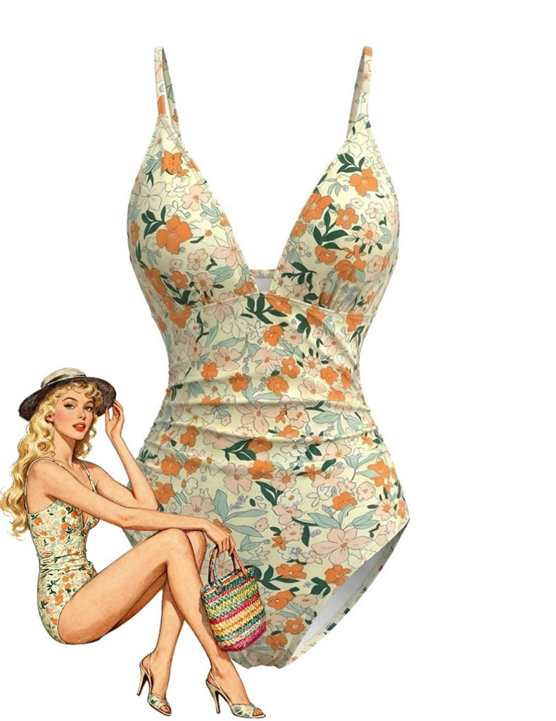 Maillot de bain une pièce fronces et col V fleuri années 1980