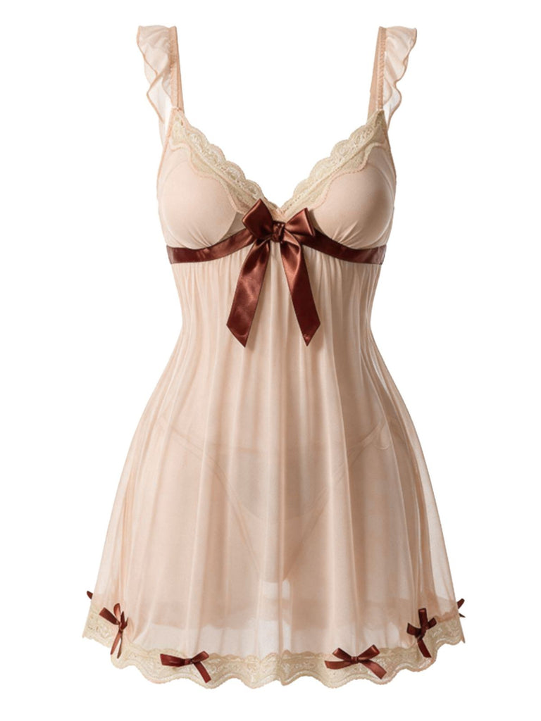 Nuisette babydoll beige transparente en tulle à nœud, col V profond, dentelle et rembourrage Années 1950 - 2