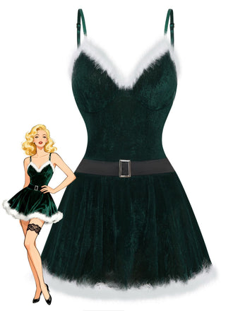 Nuisette de Noël en velours à fines bretelles, ceinture et bordure en fourrure Années 1950 - 1