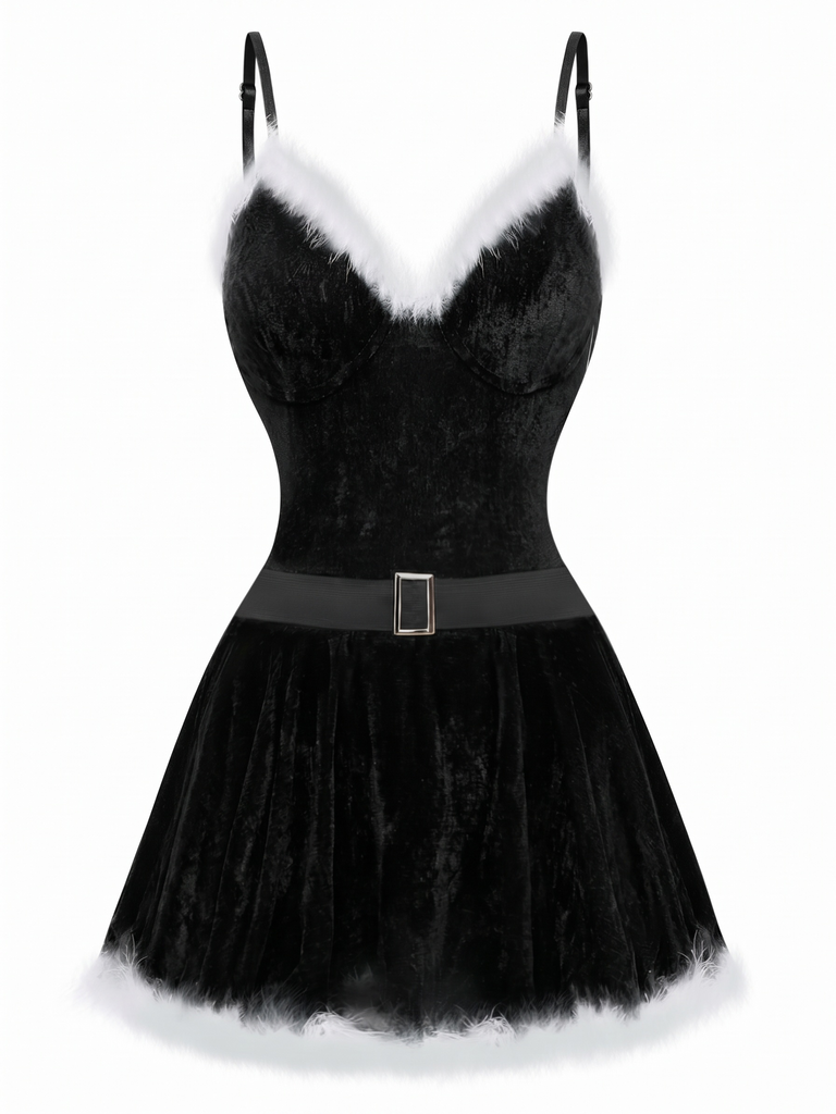 Nuisette de Noël en velours à fines bretelles, ceinture et bordure en fourrure Années 1950 - 8