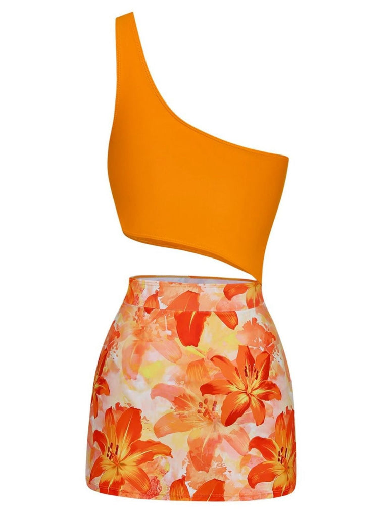 Orange 1940s 3D Floral One-Shoulder One-Piece Swimdress on a white background