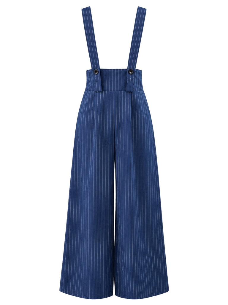 Pantalon bleu marine à fines rayures, jambes larges, bretelles et poches Années 1950 - 2