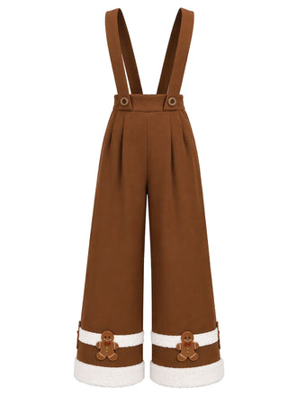 [Prévente] Pantalon marron à bretelles et motifs bonhomme en pain d’épices de Noël Années 1970 - 2