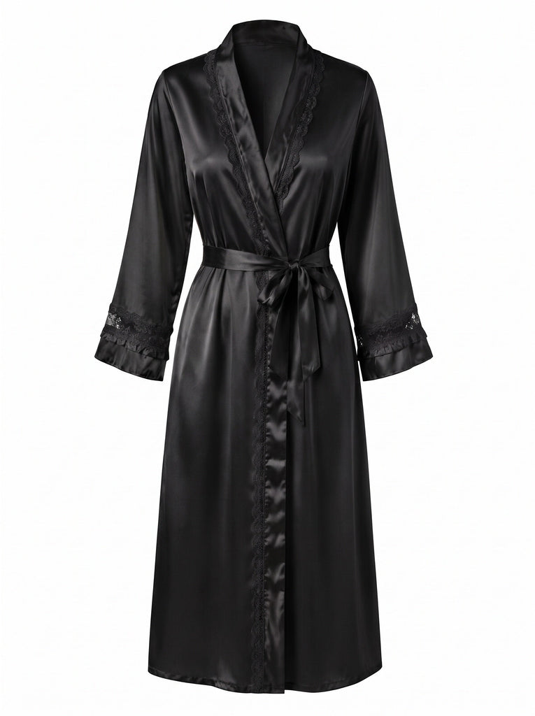 Peignoir Long Abricot en Satin Bordé de Dentelle avec Ceinture à Nouer Années 1950 - 8