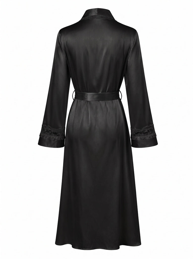 Peignoir Long Abricot en Satin Bordé de Dentelle avec Ceinture à Nouer Années 1950 - 9