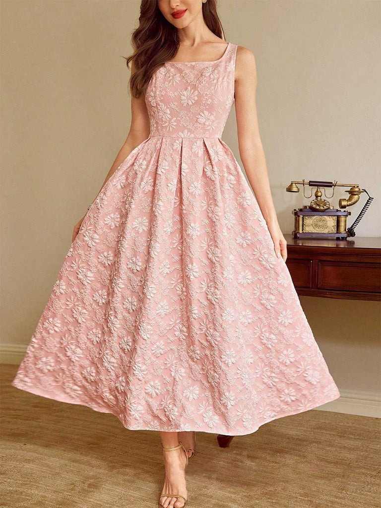 Pink 1930s Floral Jacquard Sleeveless Maxi Dress - vintage dress, retro fashion, rockabilly
