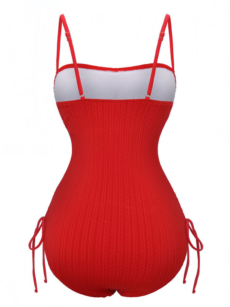 red-1940s-Solid-Ruched-Spaghetti-Strap-One-Piece-Swimsuit-back-view