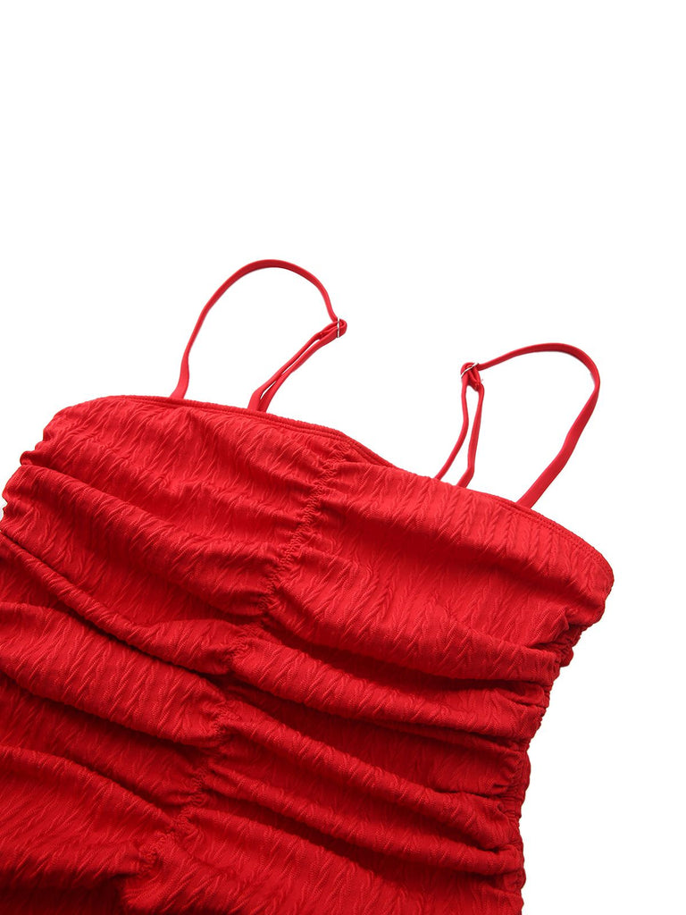 Red strapless top on a white background