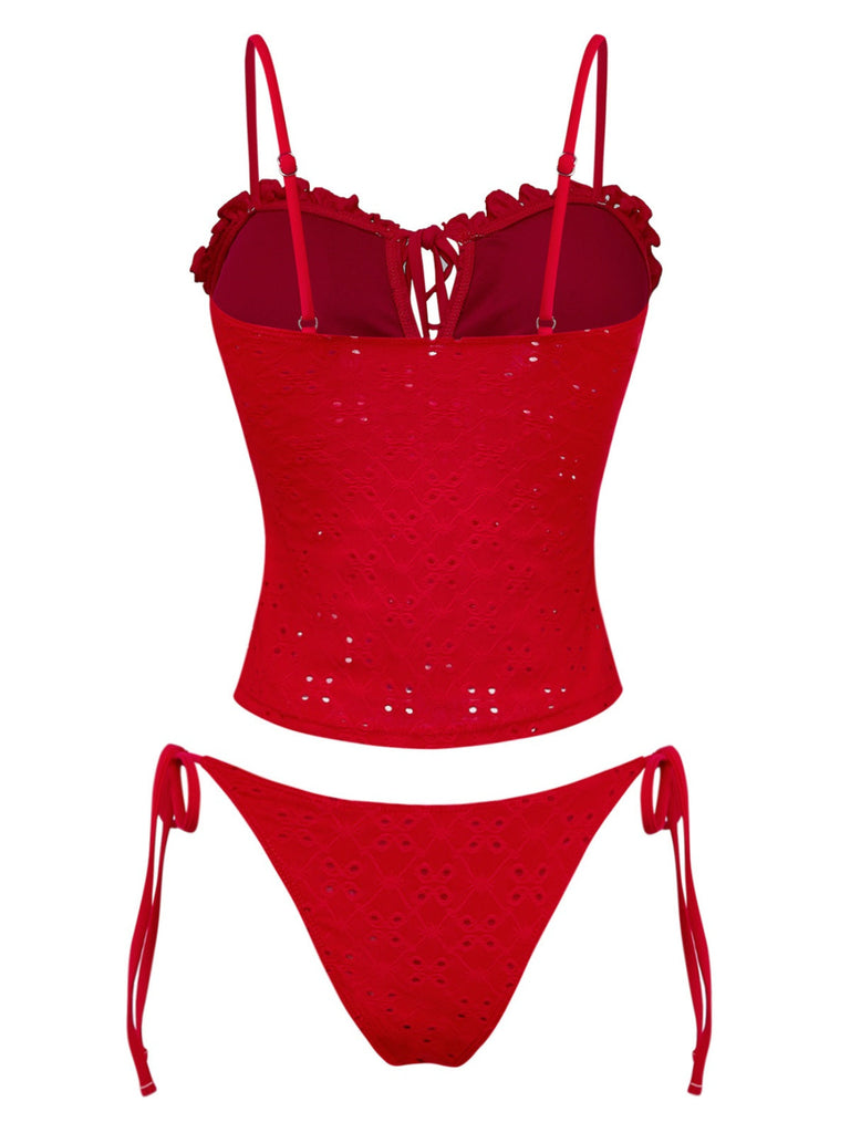 Red bikini set with a textured pattern on a white background