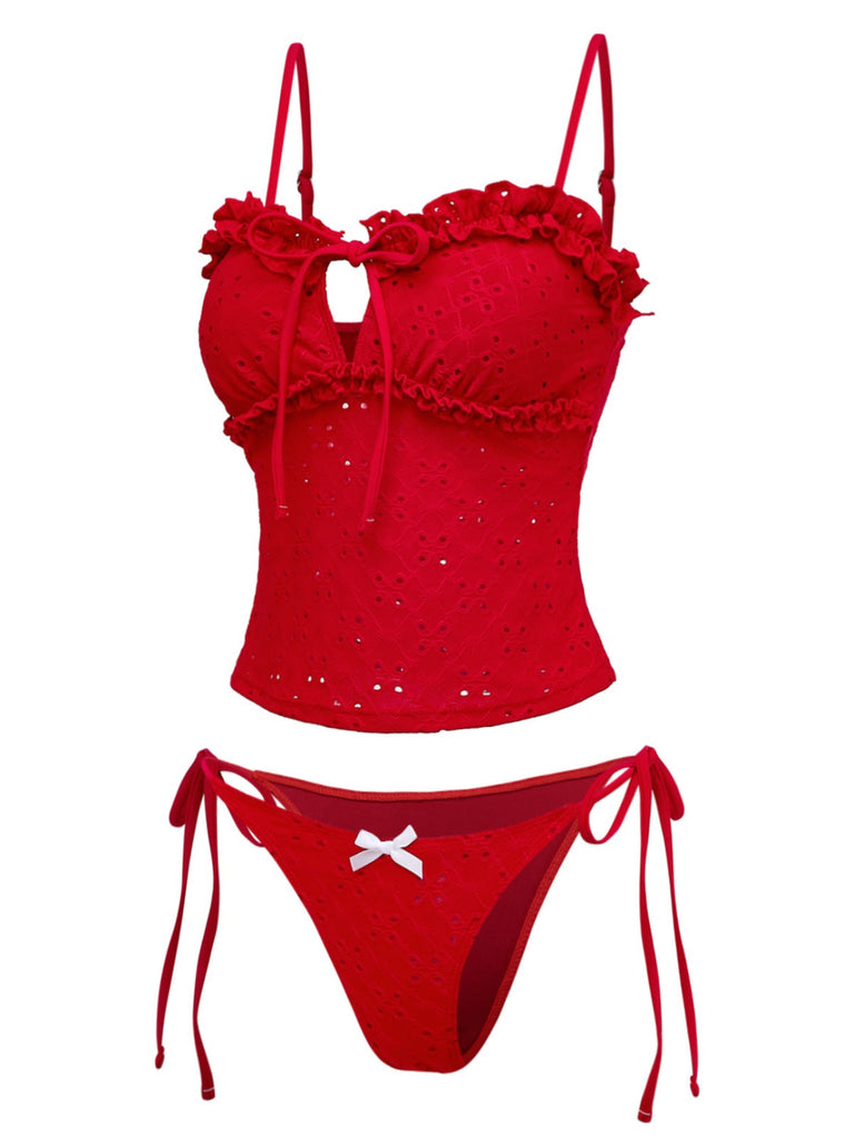 Red bikini set with ruffled details on a white background