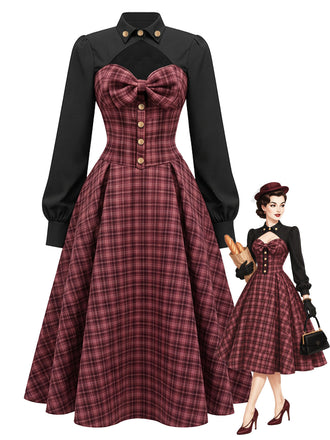 [Prévente] Robe à carreaux effet deux pièces, manches lanternes et découpes Années 1950 - 1