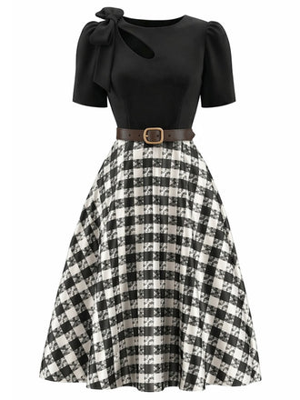 [Prévente] Robe à Carreaux, Nœud et Découpe avec Manches Bouffantes Années 1950 - 2