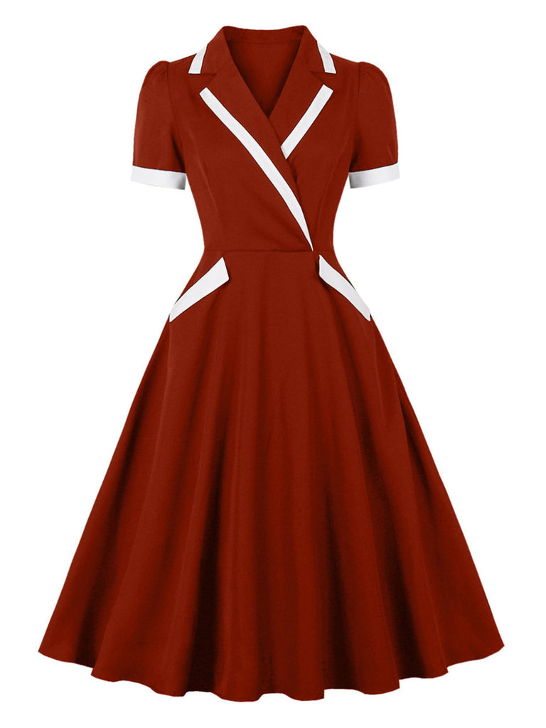 Robe à Col V Fendu, Passepoil Contrasté et Poches Années 1950 - 1