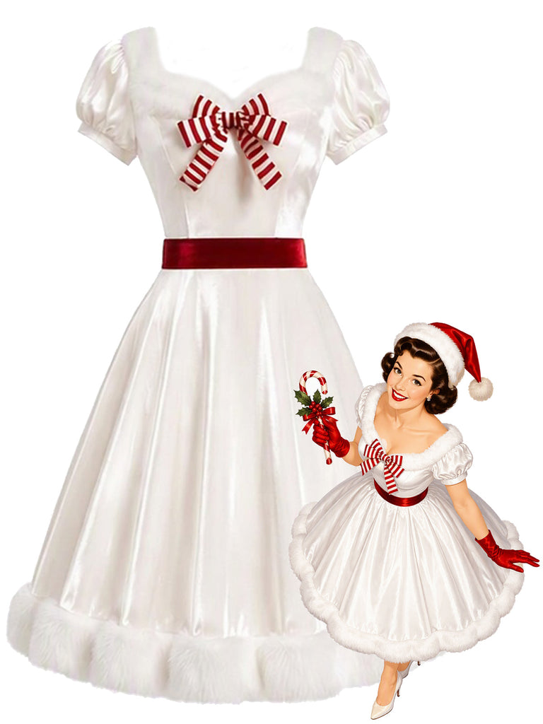 [Prévente] Robe Blanche de Noël à Encolure Cœur, Bordure en Fourrure et Ceinture à Nœud Années 1950 - 1