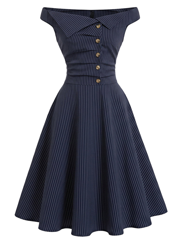[Prévente] Robe bleu marine à fines rayures, épaules dénudées et boutons Années 1950 - 2