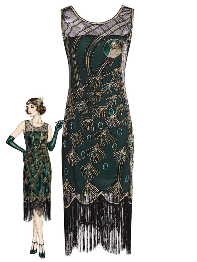 Robe Charleston Art déco à sequins et franges Années 1920 - 1