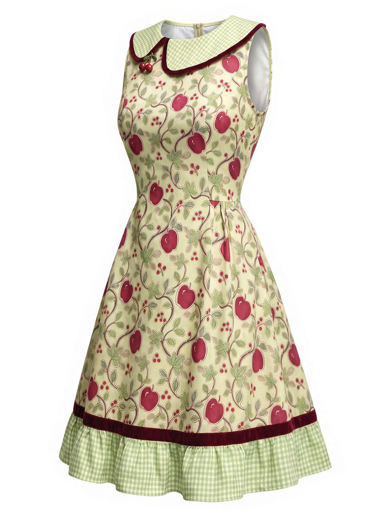 [Prévente] Robe Chartreuse à Carreaux et Cerises Rouges avec Ourlet Plissé Années 1960 - 3