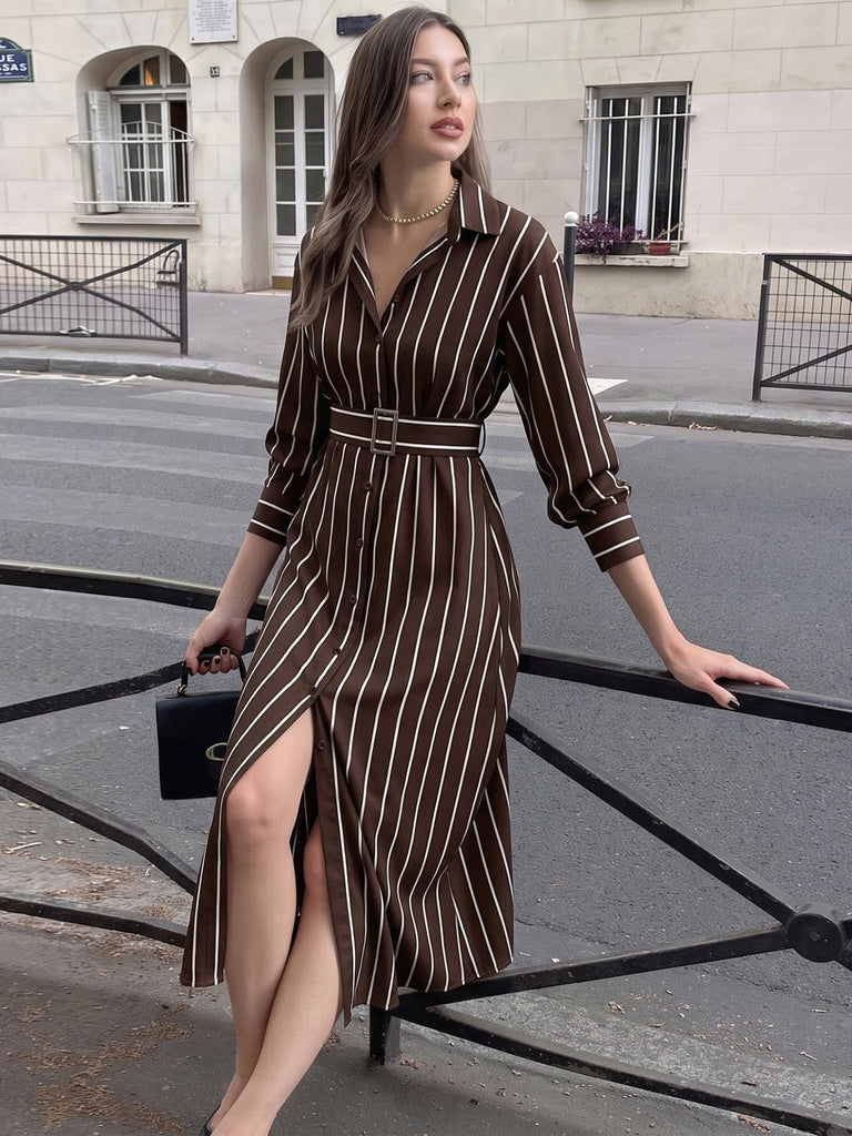 Robe Chemise Marron Foncé Rayée à Boutons et Ceinture Années 1970 - 1