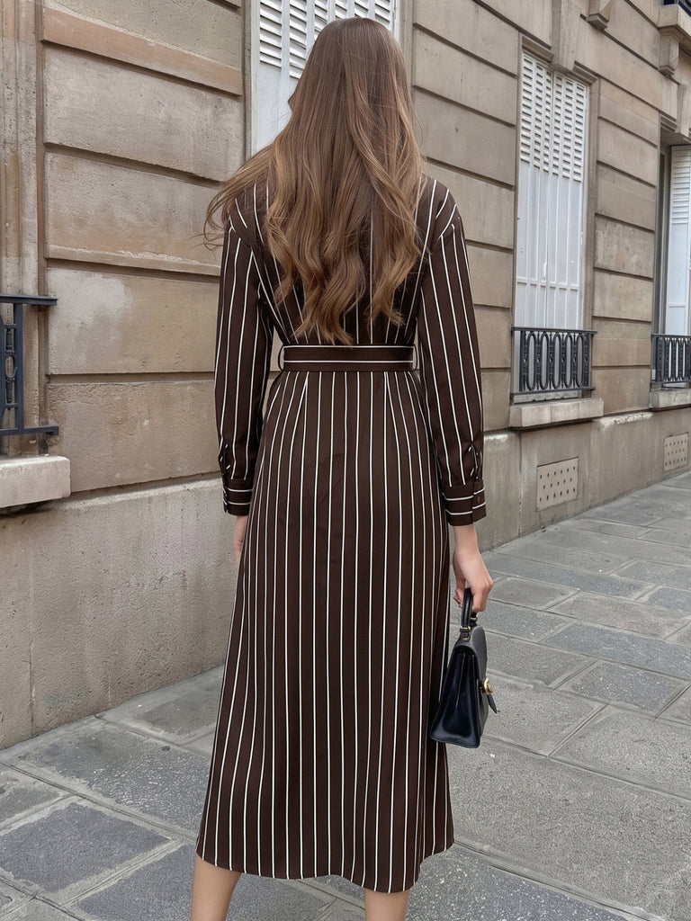 Robe Chemise Marron Foncé Rayée à Boutons et Ceinture Années 1970 - 3