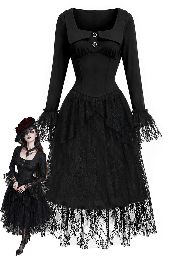 [Prévente] Robe corset noire gothique victorienne à dentelle et volants Années 1970 - 1