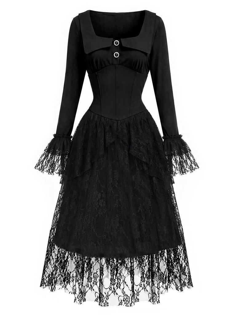 [Prévente] Robe corset noire gothique victorienne à dentelle et volants Années 1970 - 3