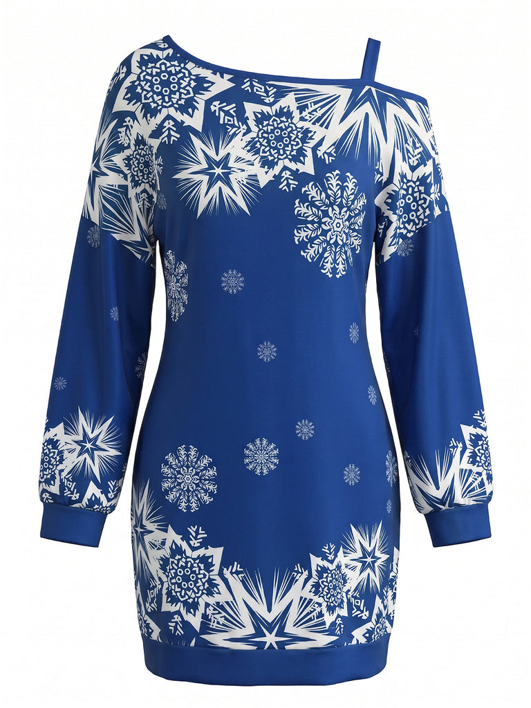 Robe courte de Noël à imprimé flocons et épaule asymétrique Années 1960 - 5