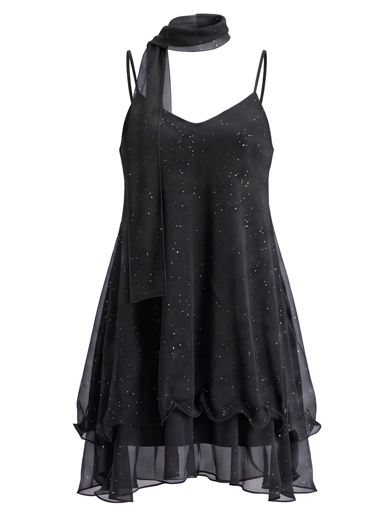 Robe courte en tulle scintillant à volants et foulard assorti Années 1970 - 5