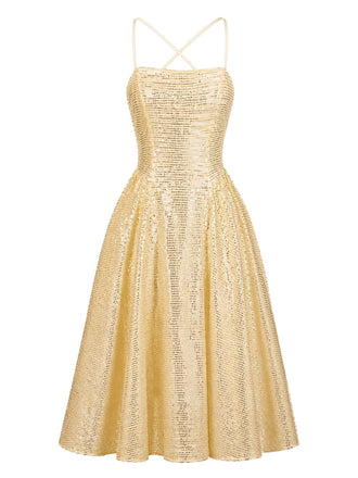 Robe de Cocktail Midi Dorée à Paillettes et Fines Bretelles Années 1950 - 2