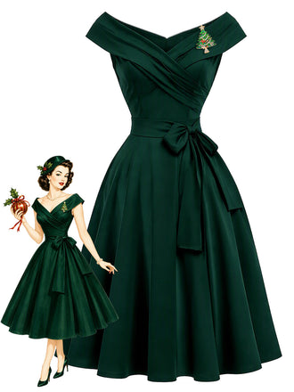 [Prévente] Robe de Noël à Épaules Dénudées et Broche Sapin Années 1950 - 1
