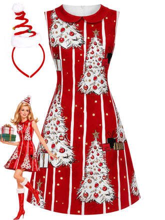 [Prévente] Robe de Noël Rouge Foncé Rayée à Col Claudine Années 1960 - 1